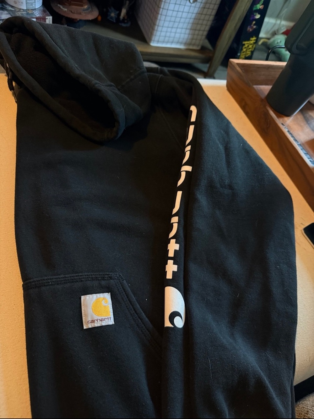 Carhartt Men’s Black Hooded Sweatshirt with White Sleeve Logo